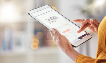 Photo for Planning, screen and hands with a website on a tablet for the internet, connection or seo business. Digital, office and an employee typing on the web with technology for a strategy, growth or search. - Royalty Free Image