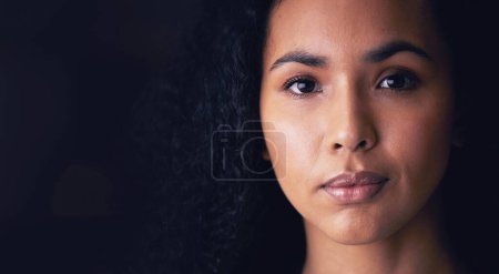Photo for Studio, beauty and portrait of woman in with natural skincare, glow or treatment on black background. Cosmetics, wellness and face of lady model with dermatology, satisfaction or self care confidence. - Royalty Free Image