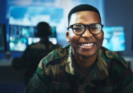 Photo for Military, surveillance and happy portrait of man in cybersecurity, control room and government communication office. Army, employee and smile on face with pride, confidence and working in spy tech. - Royalty Free Image