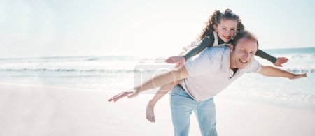 Photo for Beach, flying and father with girl, portrait and summer vacation with love. smile and bonding. Happy family, parent and dad carrying child, kid and freedom with travel, seaside holiday and energy. - Royalty Free Image