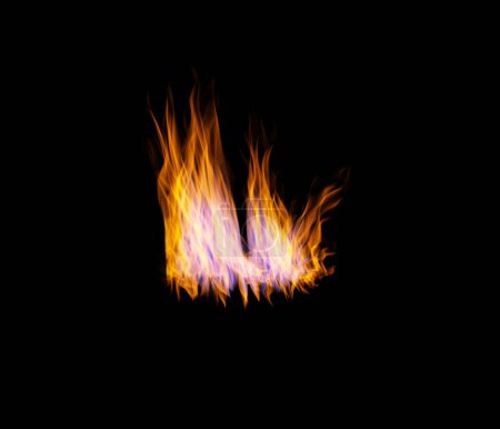 Foto de Llama, calor y luz sobre fondo de pantalla negro con textura, patrón y energía de combustión. Fuego, combustible y destellos de color aislados en el diseño de fondo oscuro, explosión naranja de energía térmica y resplandor inferno - Imagen libre de derechos