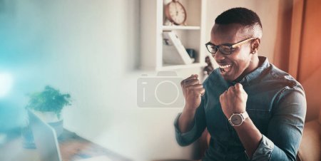 Photo for Businessman, winning and celebration on laptop with achievement in freelance or remote work deal and bonus for success. Wow, surprise or happy employee excited for promotion or online feedback. - Royalty Free Image