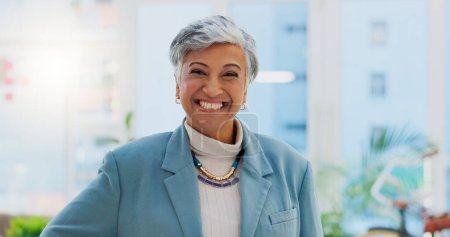 Photo for Happy senior woman, laughing and confidence for small business leadership or management at office. Portrait of confident elderly female person, manager or CEO with smile for funny humor at workplace. - Royalty Free Image