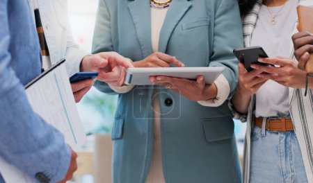 Photo for Hands, tablet and group collaboration of business people work on meeting report, results or project feedback. Teamwork cooperation, phone and staff review brand illustration, design or online plan. - Royalty Free Image