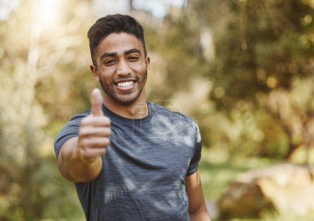 Photo for Happy man, portrait and thumbs up in nature for workout, training or outdoor fitness achievement. Male person, athlete or runner smile with like emoji, yes sign or OK in success, exercise or good job. - Royalty Free Image
