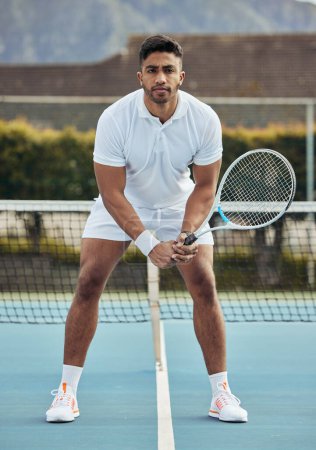 Photo for Man, portrait with fitness on tennis court and start game, sports and athlete for performance and competition. Health, ready for match and professional player on outdoor turf with exercise and racket. - Royalty Free Image