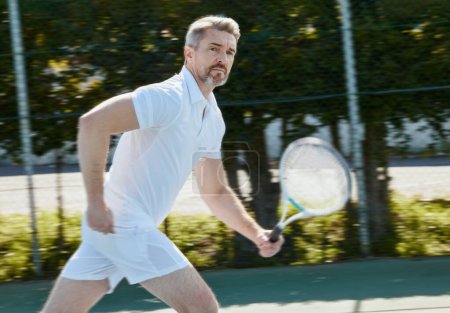 Photo for Senior, fitness and portrait of man at a court for tennis, training or outdoor cardio workout. Sports, face and elderly male athlete with racket game practice, exercise and club performance challenge. - Royalty Free Image