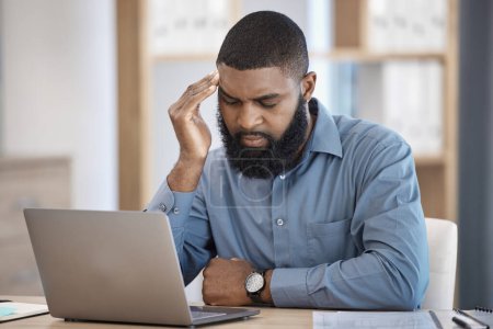 Photo for Business man, headache and tired on laptop of stock market risk, financial mistake or thinking of bad investment. African trader with depression, stress or confused for trading decision in his office. - Royalty Free Image