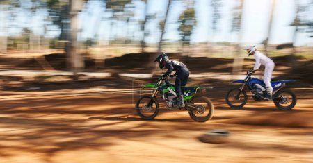 Photo for Race, motorcycle and extreme sports, fast men with speed for practice and training for action adventure. Professional dirt biking, motion and off road motorbike competition, performance and challenge. - Royalty Free Image