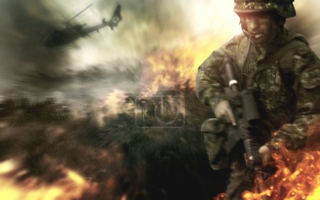 Photo for Army, man and war with field fire, gun and danger, risk or violence in military service and battle, mission or apocalypse. Soldier or hero walking in flames, smoke or warzone and helicopter for crime. - Royalty Free Image