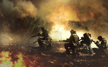 Military, men and war with field fire and danger, gun for target and forest battlefield for army service and mission or apocalypse. Soldier, group and team in bush flames, smoke or warzone and crime.