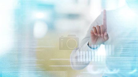 Photo for Finger, user interface hologram and business person with hand gesture for biometrics, digital scan and ui. Mockup, overlay and person with fingerprint for data analysis, cybersecurity and touchscreen. - Royalty Free Image