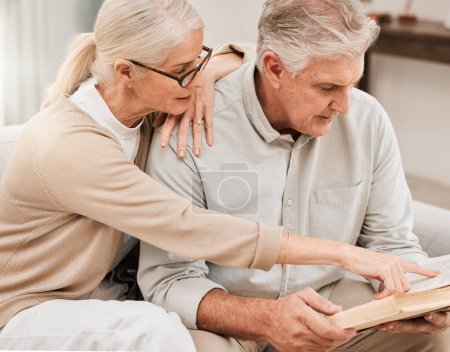Photo for Old couple, Bible study and Christian faith with worship and reading book, wellness and spiritual together in retirement. Bonding over religion, people at home with gospel and scripture, God and pray. - Royalty Free Image
