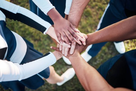 Photo for Hands, together and people in sports huddle for support and solidarity in athlete team with top view. Fitness group outdoor, collaboration and trust, mission in partnership synergy and game plan. - Royalty Free Image