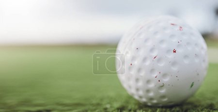Photo for Sports, hockey and ball on astro turf closeup with space for marketing or advertising outdoor. Fitness, exercise or training on grass and equipment on a field with banner mockup for game branding. - Royalty Free Image