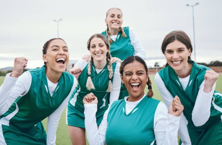 Photo for Sports, field and portrait of happy woman with team, celebration and award winning at challenge. Diversity, hockey and excited group of women, winner at competition with smile and success at stadium - Royalty Free Image