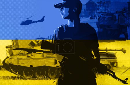 Téléchargez les photos : Soldat, arme et double exposition pour le drapeau ukrainien, la guerre et la lutte pour les droits de l'homme, la liberté ou la justice. Agent de service militaire, char et hélicoptère pour les conflits, les tirs et l'apocalypse en zone de guerre. - en image libre de droit