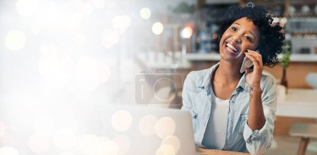 Photo for Business woman, phone call and cafe for remote work, networking and thinking on laptop, banner or bokeh overlay. African freelancer for ideas, vision or startup goals talking on mobile at coffee shop. - Royalty Free Image