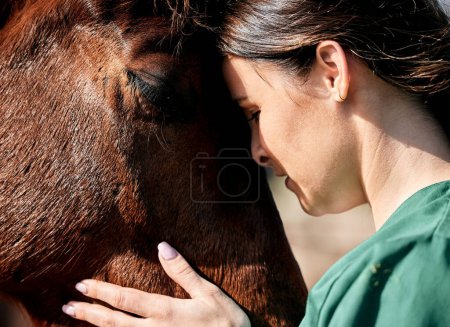 Téléchargez les photos : Animaux de compagnie, médecin et femme avec soin du cheval pour examen médical, recherche et bilan de santé. Soins de santé, infirmière et personne heureuse à la ferme pour l'inspection, le bien-être et le traitement vétérinaire au ranch. - en image libre de droit