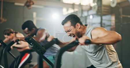 Photo for People, diversity and cycling at gym in fitness, workout or intense cardio exercise together and motivation. Diverse group burning sweat on bicycle machine for healthy body, wellness or lose weight. - Royalty Free Image