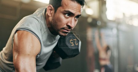 Photo for Serious man, dumbbell and weightlifting in workout, exercise or fitness at indoor gym. Active male person, bodybuilder or athlete lifting weight for intense arm training, strength or muscle at club. - Royalty Free Image