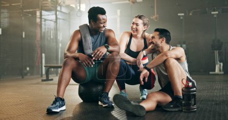 Photo for Fitness, group and conversation in gym with confidence, workout and exercise class. Diversity, friends talk and wellness portrait of athlete with coach ready for training and sport at a health club. - Royalty Free Image