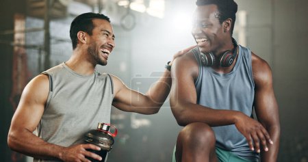 Photo for Happy man, friends and high five in fitness, workout or exercise in teamwork, motivation or gym together. People touching hands in success for sports training, healthy wellness or team in body goals. - Royalty Free Image