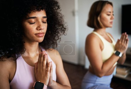 Photo for Lesbian couple, yoga and zen at home, closeup and peaceful for bonding and support. Calm people, wellness and health for flexibility, care and fitness in living room, strong core and namaste in soul. - Royalty Free Image