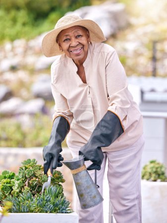 Photo for Water, plants and old woman gardening outdoor with aloe vera, flowers and happiness in backyard nature. Happy, senior or elderly farmer with care for agriculture in retirement or sustainable greenery. - Royalty Free Image