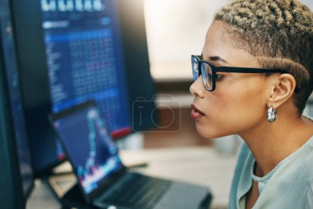 Photo for Woman with computer, glasses and thinking on stocks for crypto trade, research and investment in online data. Nft, cyber consultant or broker reading stats on market growth, brainstorming or ideas - Royalty Free Image