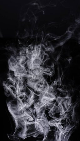 Photo for Smoke, black background and steam, fog or gas on mockup space wallpaper. Cloud, smog and magic effect on dark backdrop of mist with abstract texture, pollution pattern and incense vapor moving in air. - Royalty Free Image