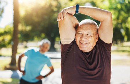 Photo for Happy senior man, stretching and fitness in park for running, exercise or outdoor training in nature. Mature male person in body warm up, arm stretch or preparation for cardio workout or wellness. - Royalty Free Image
