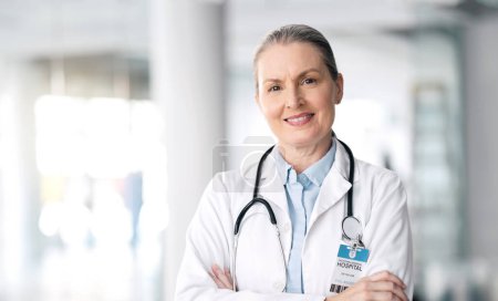 Photo for Stethoscope, senior and woman doctor smile with healthcare, medical work and hospital job. Wellness, cardiology and clinic with a mature female professional with working and health consulting. - Royalty Free Image