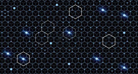 Téléchargez les photos : Hexagone bleu, motif et lumière sur fond noir avec points, texture et matrice numérique sur la cyber connexion. Éclairage au néon, future grille d'information technologique et système, boîtes et papier peint sombre - en image libre de droit