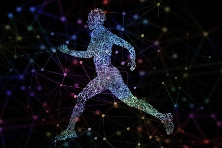 Photo for Graphics, illustration of man running and digital transformation, sports science and color on dark background. Technology abstract, fitness progress and cardio with geometric pattern, body and design. - Royalty Free Image