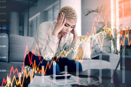 Photo for Woman, overlay and stress of home budget, stock market crash and lines chart, bills or money risk. African person with depression, sad or tired on computer for loan payment, trading or cost of living. - Royalty Free Image
