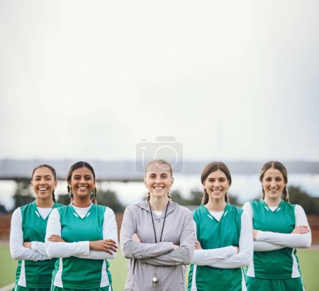 Photo for Portrait, coach and team with arms crossed, women and fitness with competition, exercise and wellness. Face, group or healthy people with support, cooperation or training with sports, workout or game. - Royalty Free Image