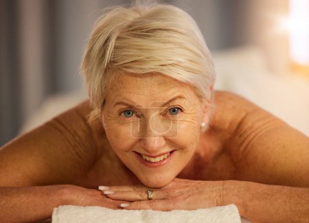 Photo for Relax, portrait and senior woman at a spa for health, wellness and anti aging skincare treatment. Calm, beauty and closeup of elderly female person with wrinkles face routine at a natural salon - Royalty Free Image