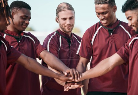 Photo for Sports, support and teamwork on field, huddle with hands and solidarity in college competition. Smile, men and team building in rugby, friends at training with motivation, hope or happy game together. - Royalty Free Image