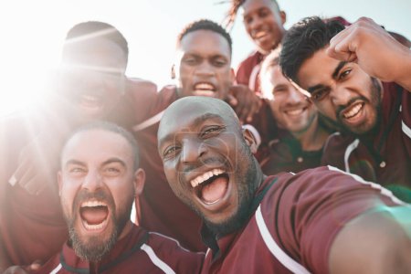 Photo for Football team, portrait and selfie on sports field with happiness, pride and final competition. Men, diversity and professional sport with collaboration in teamwork, lens flare and champion close up. - Royalty Free Image