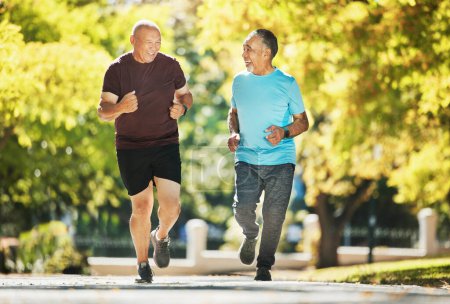 Photo for Elderly, men and running for fitness in street of city for wellness, exercise or workout outdoor with smile. Senior, people and training together in nature or park for health, adventure and happiness. - Royalty Free Image