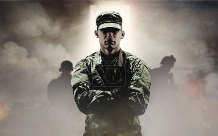 Photo for Man, soldier or hero in war with smoke in explosion, team or shadows in overlay for mockup. Military, person or commander on mission with light, door and standing with confidence, hope and future. - Royalty Free Image