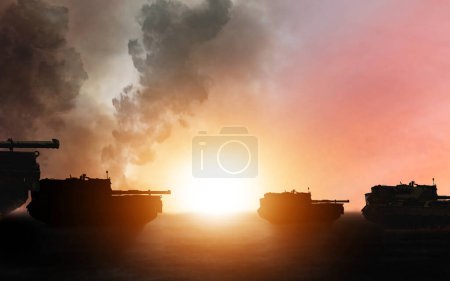 Photo for War, military tank silhouette and sunrise on battlefield with conflict, vehicle and politics with explosion. Orange, fire and smoke from fight or battle, armed forces and warfare with army in warzone. - Royalty Free Image