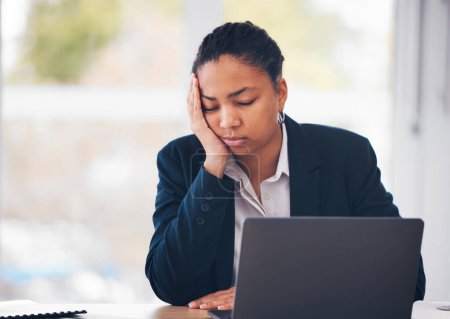 Photo for Sleeping, burnout and tired business woman with laptop in office exhausted, nap or low energy problem. Fatigue, lazy and bored female manager with eyes closed, overworked or break from online task. - Royalty Free Image
