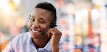 Photo for Call center, portrait and man in office with bokeh for crm telemarketing consultation with headset. Mockup space, contact and professional African male technical customer support agent in workplace - Royalty Free Image