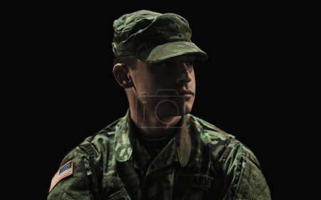 Photo for Man, soldier and war on black studio background, ptsd and patriotic in military, sad and depressed. Army, mental health issues and hero for country, service and duty with grief, thinking and veteran. - Royalty Free Image