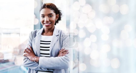 Photo for Mockup, office and portrait of business black woman for professional mindset, ambition and banner. Overlay, corporate worker and face of person for career opportunity, job or work for startup company. - Royalty Free Image