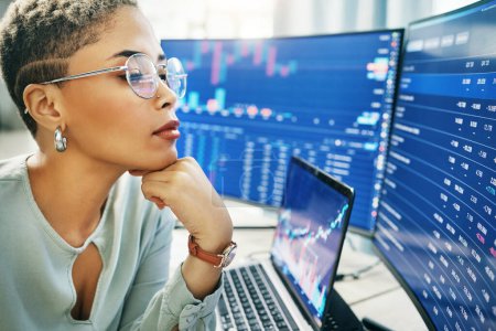 Photo for Woman, thinking at computer screen with trading, dashboard and financial information with investment and trader. Stock market stats, finance and data analysis with cryptocurrency and numbers chart. - Royalty Free Image