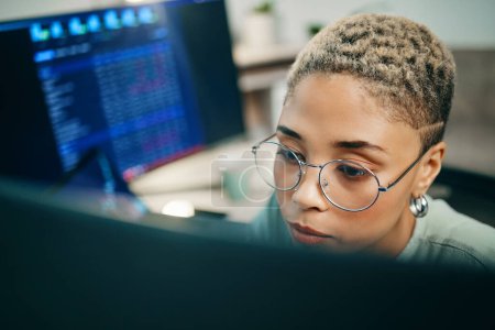 Photo for Woman with glasses, computer and cyber research for crypto trading, online profit or analytics. Cryptocurrency, digital stocks and girl at desk with graphs, charts and software for investment stats - Royalty Free Image