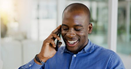 Photo for Happy black man, phone call and laughing for discussion, funny joke or humor at office. African businessman smile, talking or mobile smartphone for fun business conversation or proposal at workplace. - Royalty Free Image